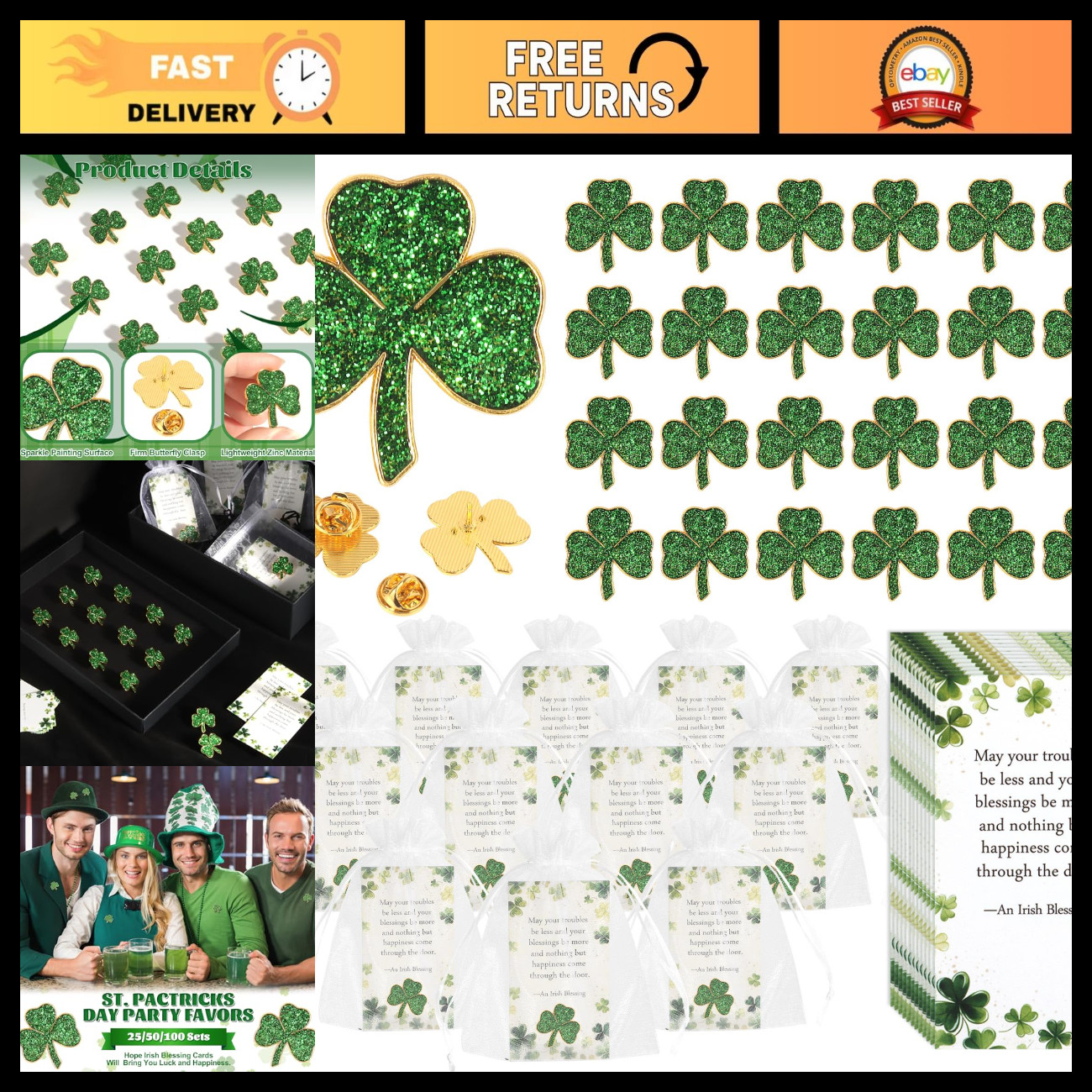 St. Patrick\'s Day Clover Lapel Pins - Bulk Shamrock Pins for Parties & Gifts