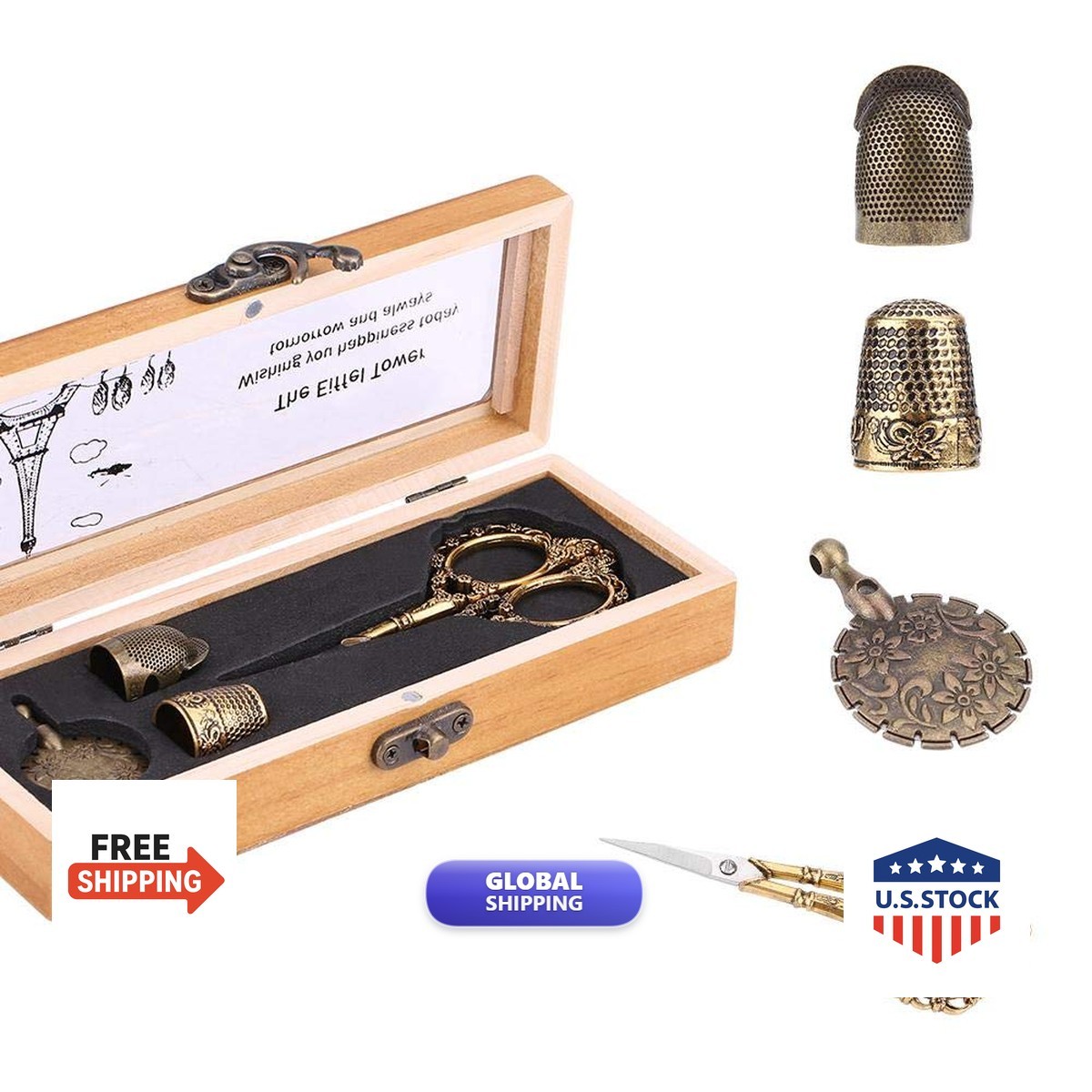 HEEPDD 4pcs Vintage Sewing Kit Wooden Box Embroidery Scissors Set