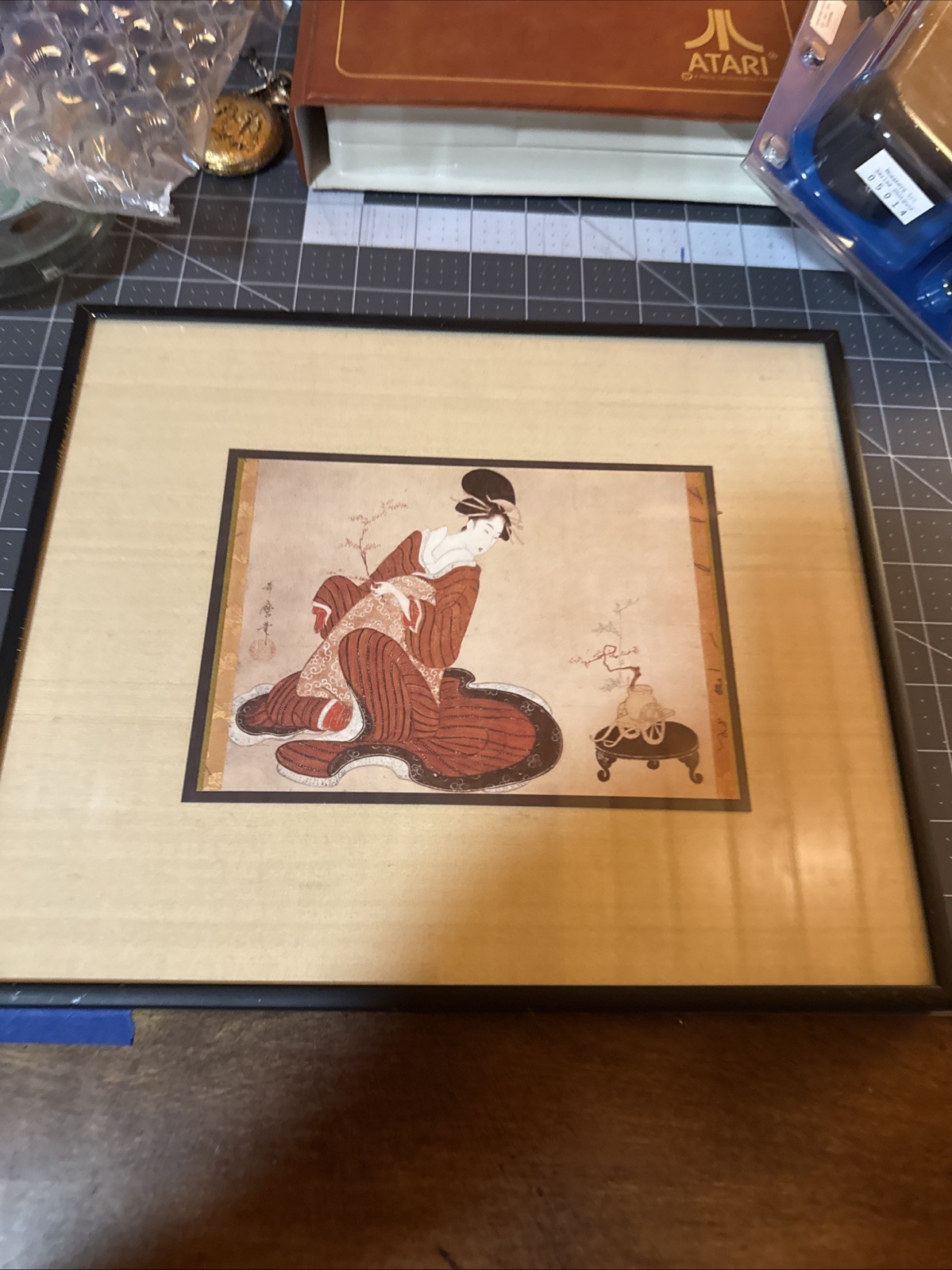 Vintage Japanese Geisha Woman Red Kimono Framed Art Print Asian Wall Decor
