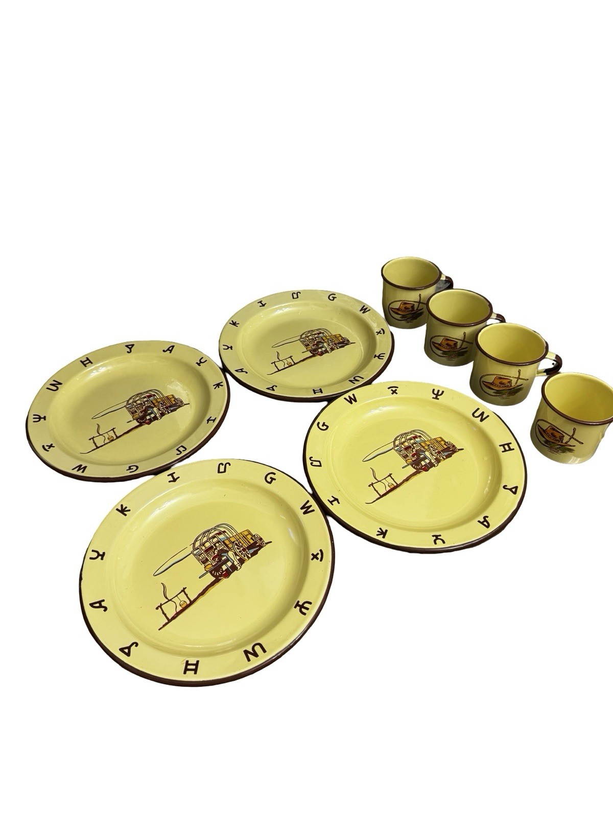 Vintage Monterrey Western Ware 8 Pc Cowboy Chuck Wagon Plates Mugs Mexico