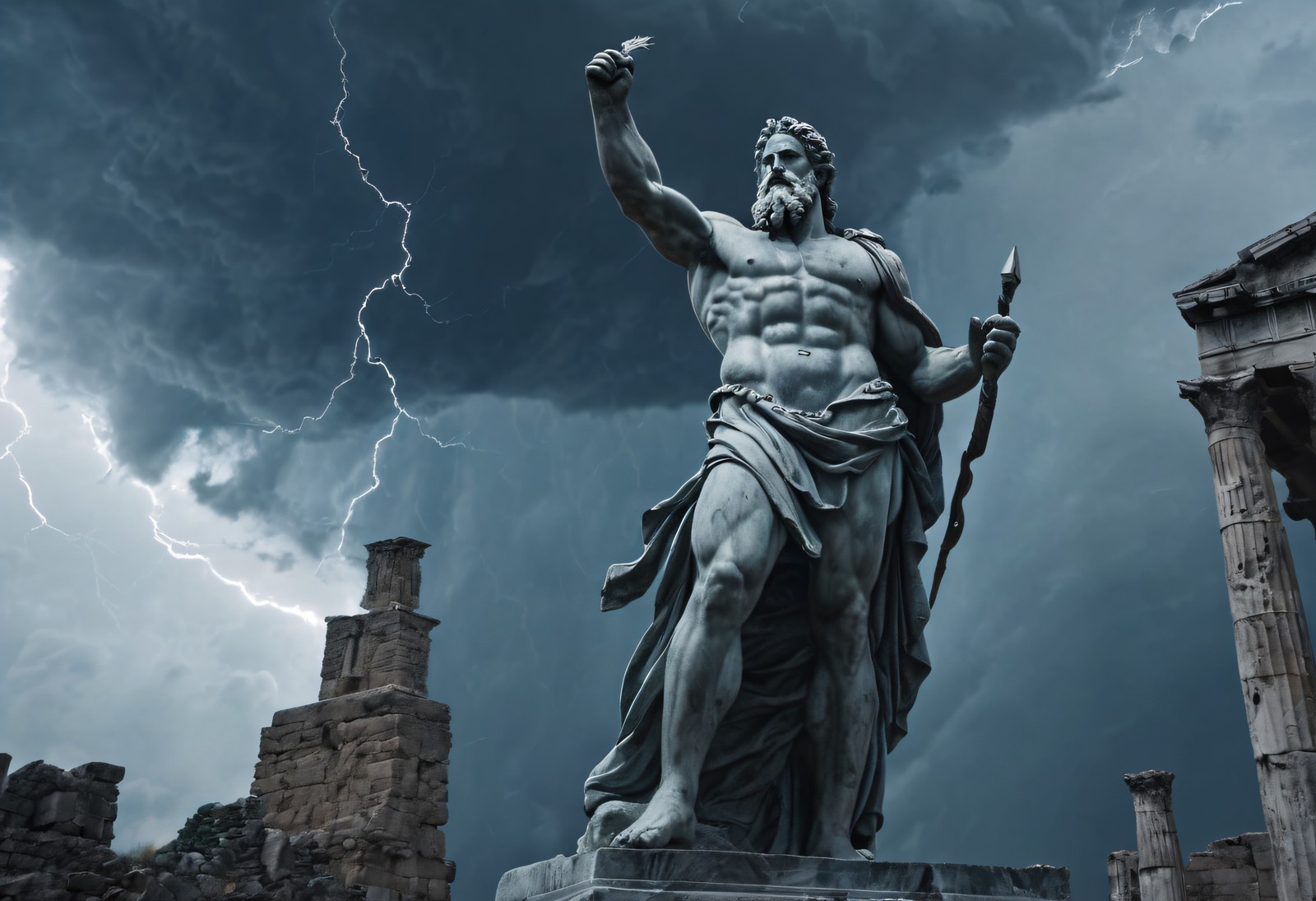 Zeus Marble Statue with Thunderbolt in Storm Light - Wall Art Print