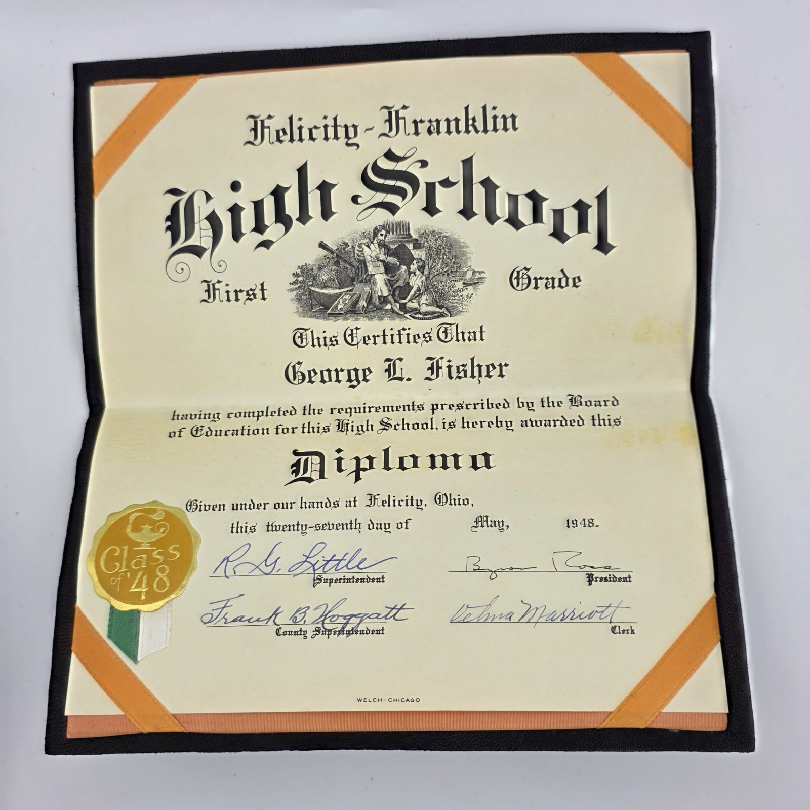 Vintage 1948 Felicity-Franklin Ohio High School Diploma George L Fisher Cover