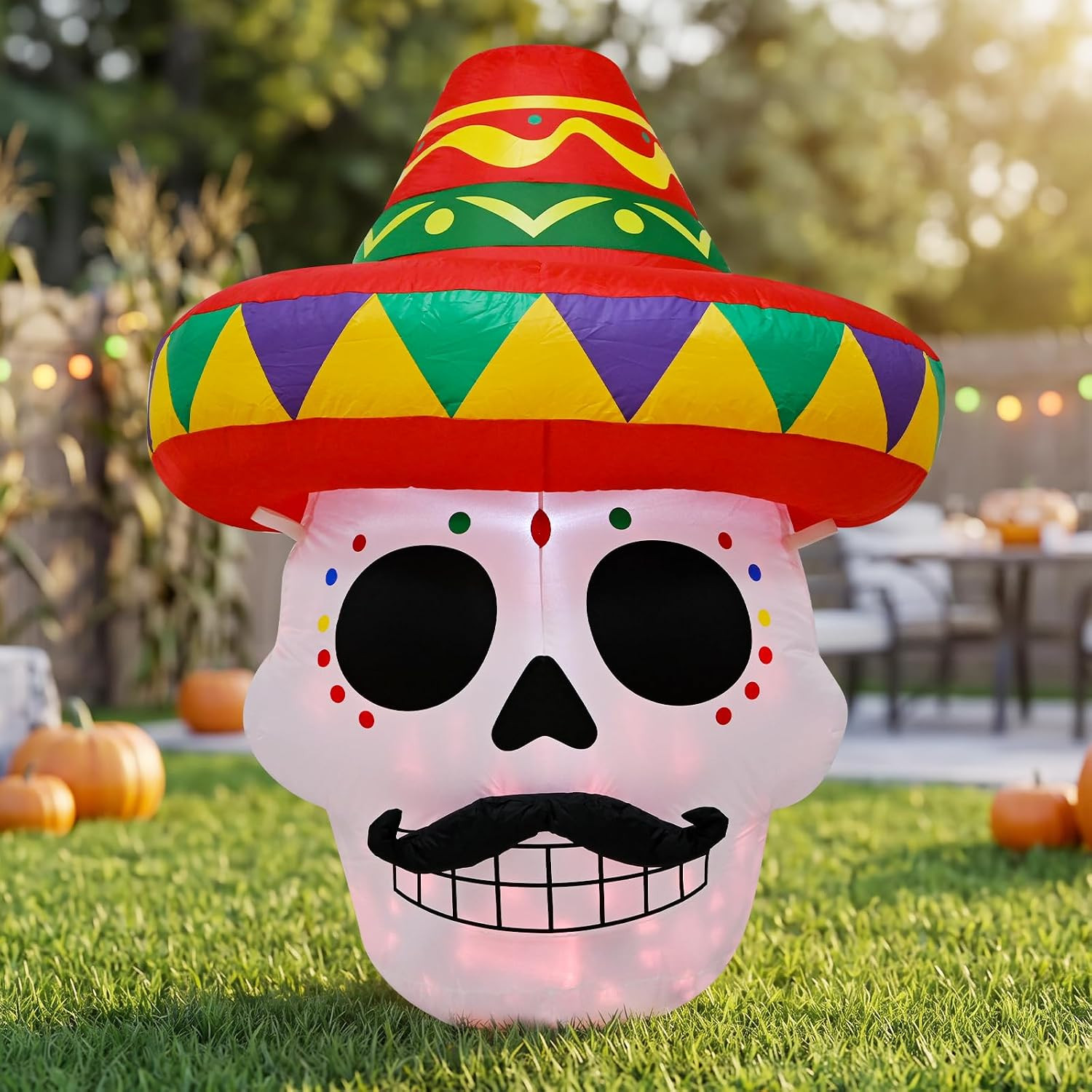 4.5FT Halloween Inflatable Day of the Dead Sugar Skull Sombrero with LEDS | Blow