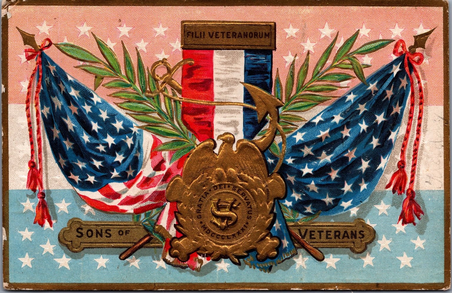 Sons of Veterans Patriotic Flag Eagle Embossed Postcard c.1900s Decoration Day