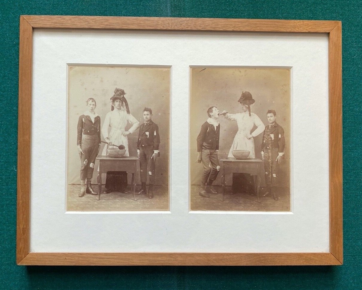 Antique Victorian Humour Cabinet Photos Kitchen Boy Wearing Bonnet in Drag