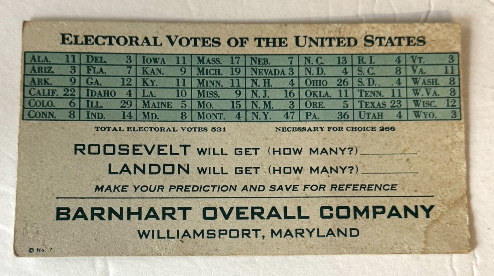 Vintage 1936 Roosevelt Landon Electoral Vote Prediction Card Advertisement CRG