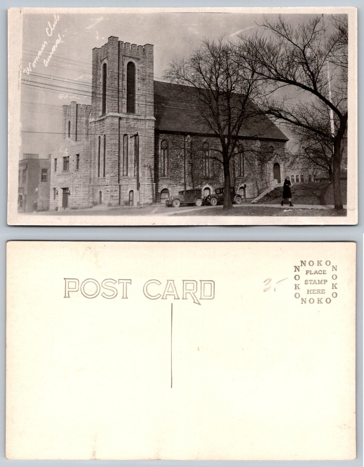 RPPC Woman's Club Aurora IL First Presbyterian Church Vintage Car 1920s