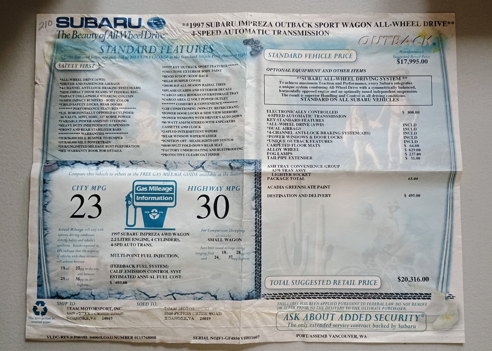 1997 Subaru Impreza Outback Sport Original Dealer Window Sticker