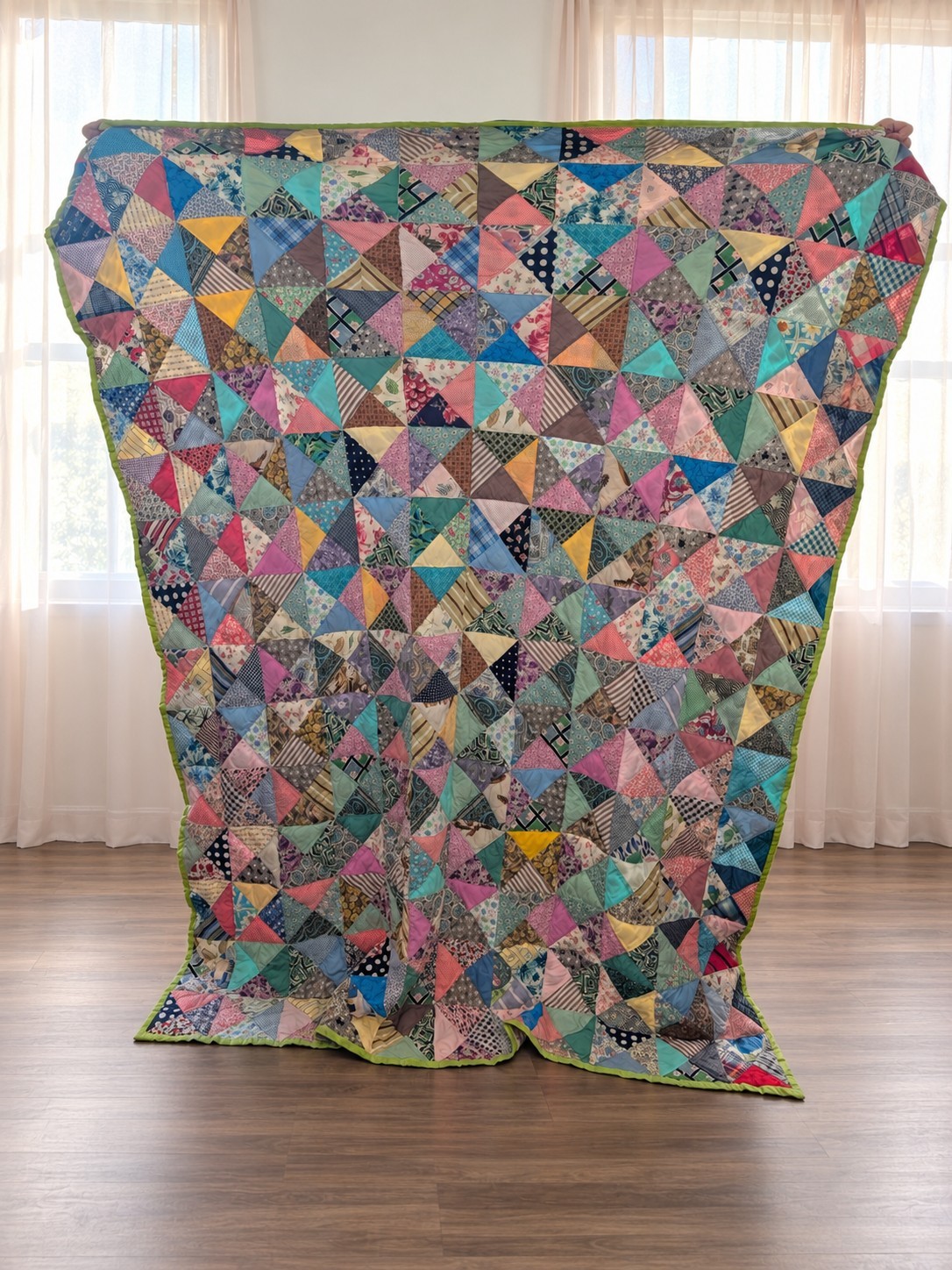 Vintage Reversible Hand Stitched Triangle Patchwork Quilt 67x83 Folk Art