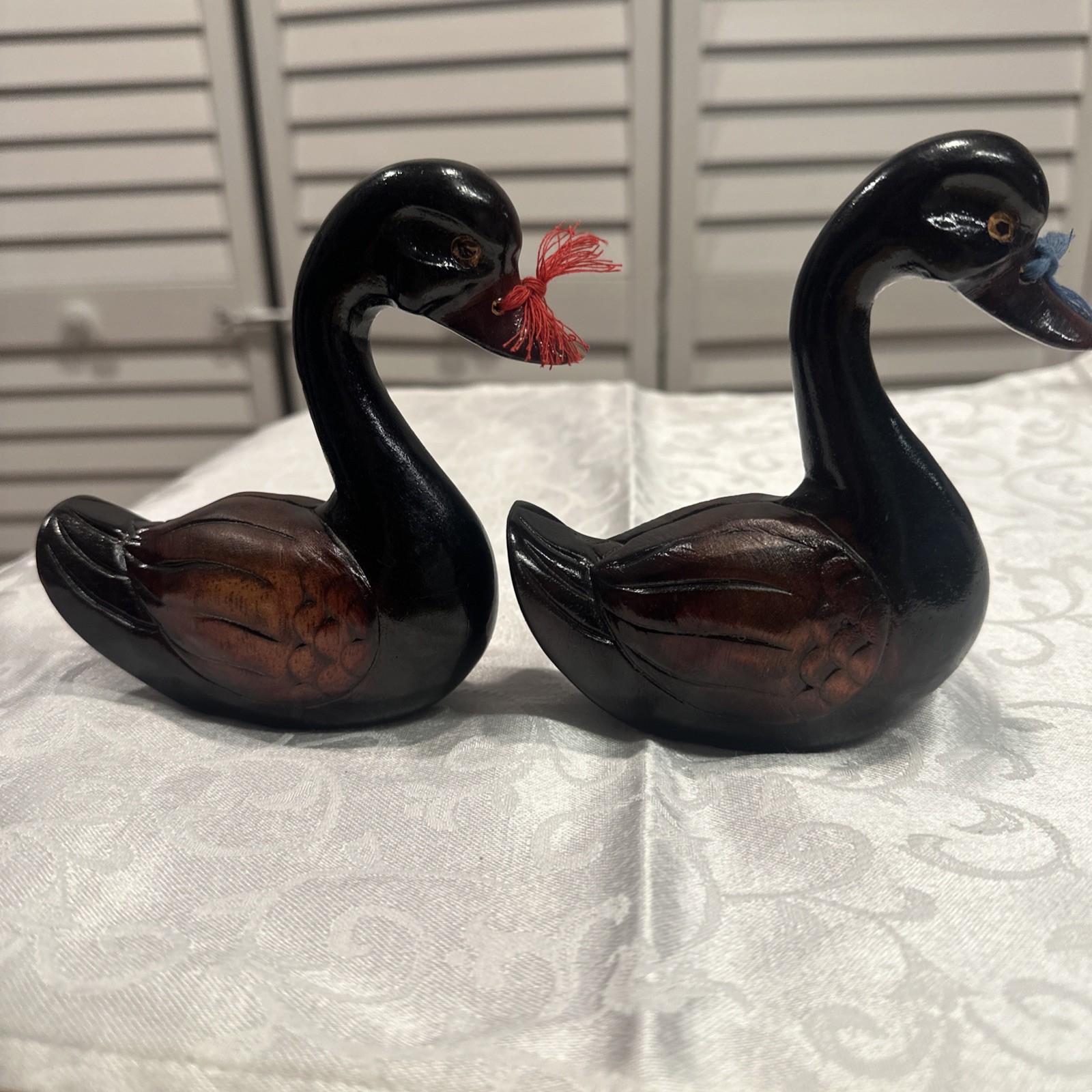 Vintage Hand-Carved Wooden Korean Wedding Ducks / Swans Figurine Pair