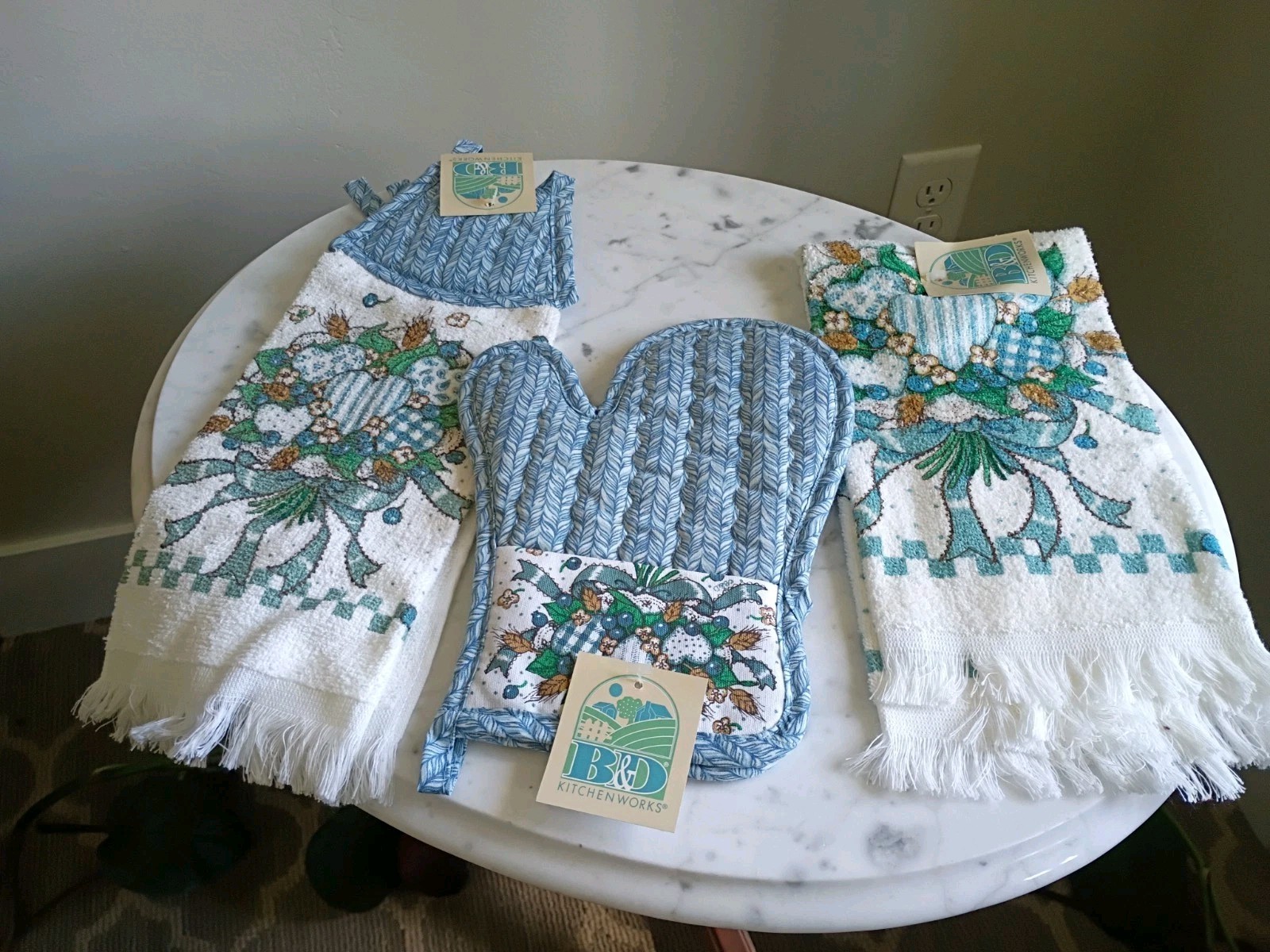 Vintage 1990s Blue Checkered Hearts Kitchen Towel 3 Pc Set NEW Y2K Cottagecore