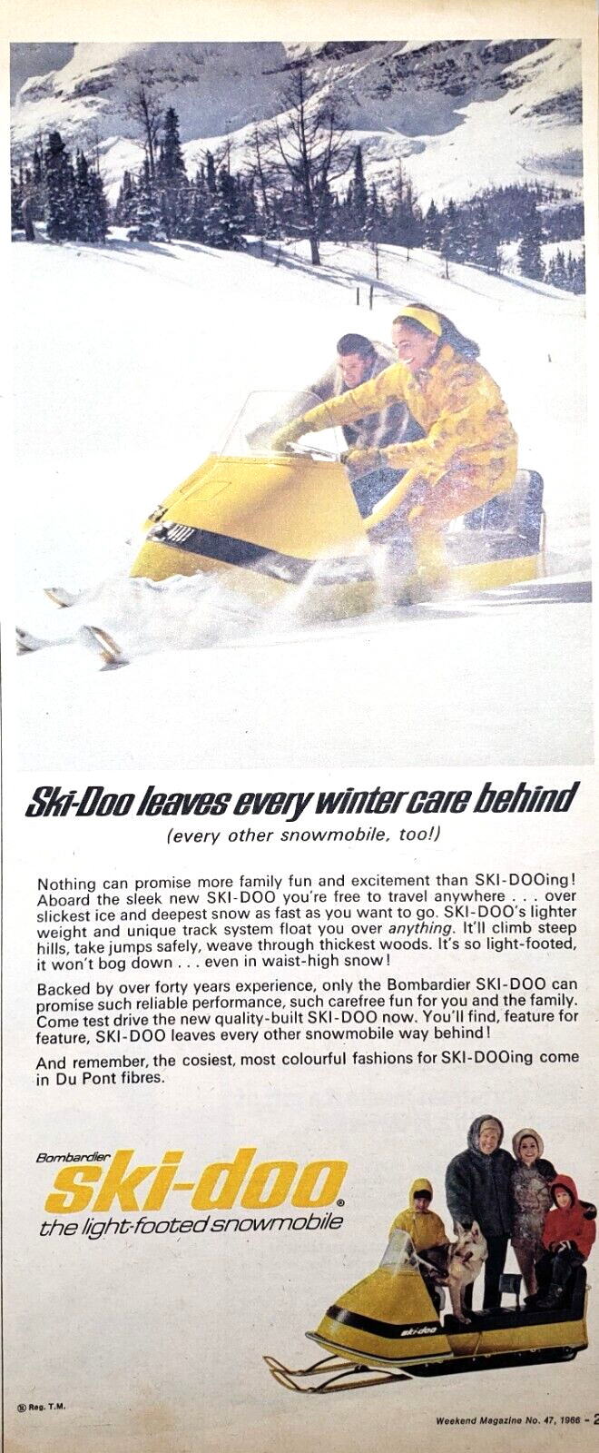 PRINT AD 1966 Bombadier Ski-Doo Light Footed Snowmobile Yellow w Dog