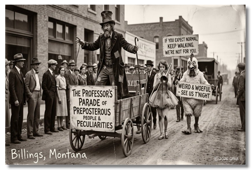 Vintage‑STYLE  ART 1930s RPPC-PARADE OF PERPOSTEROUS PEOPLE-BILLINGS-FAUX PHOTO