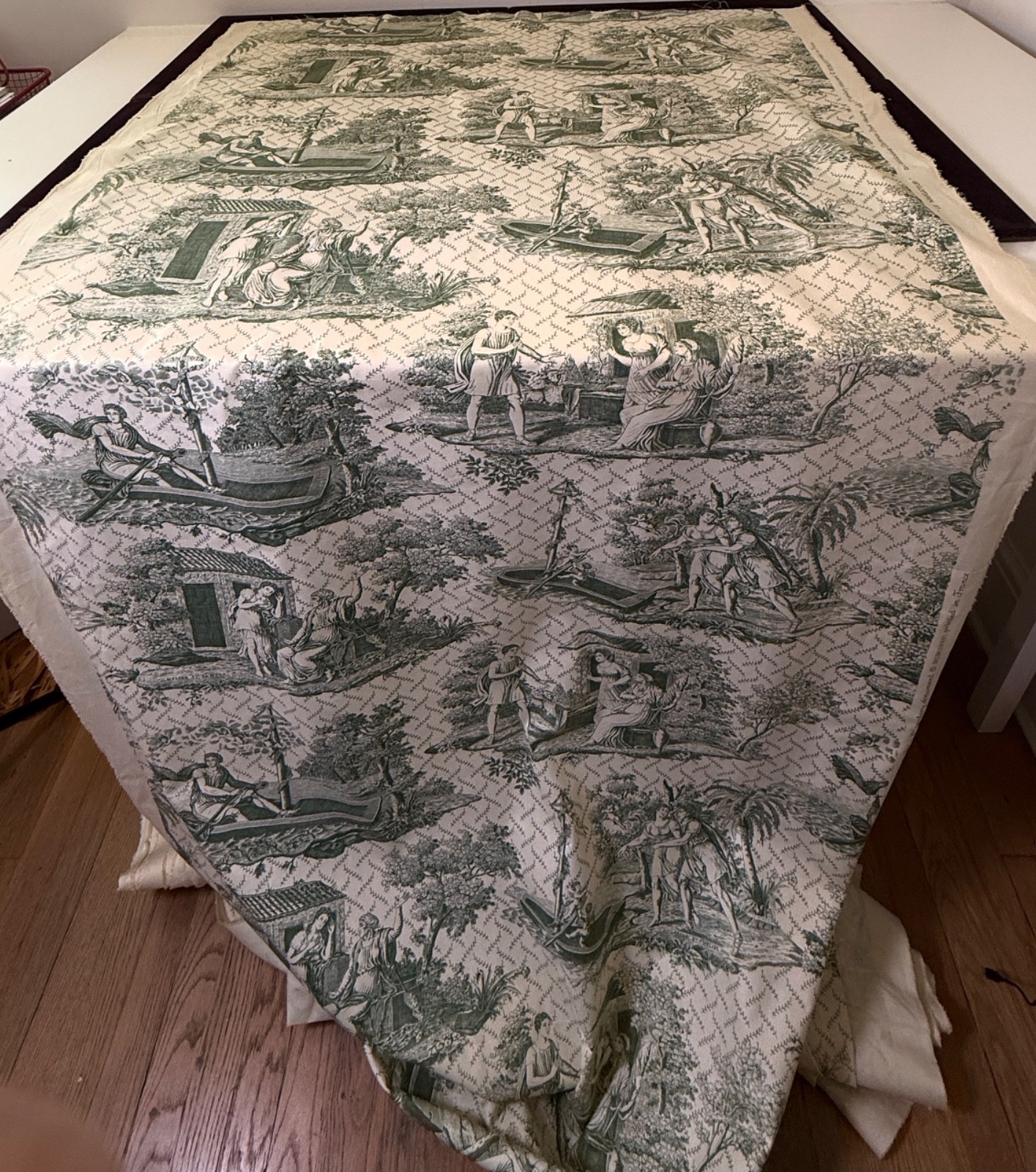 Clarence House Toile Fabric “Le Navigateur” 19th C. Reproduction Green/Ecru B077