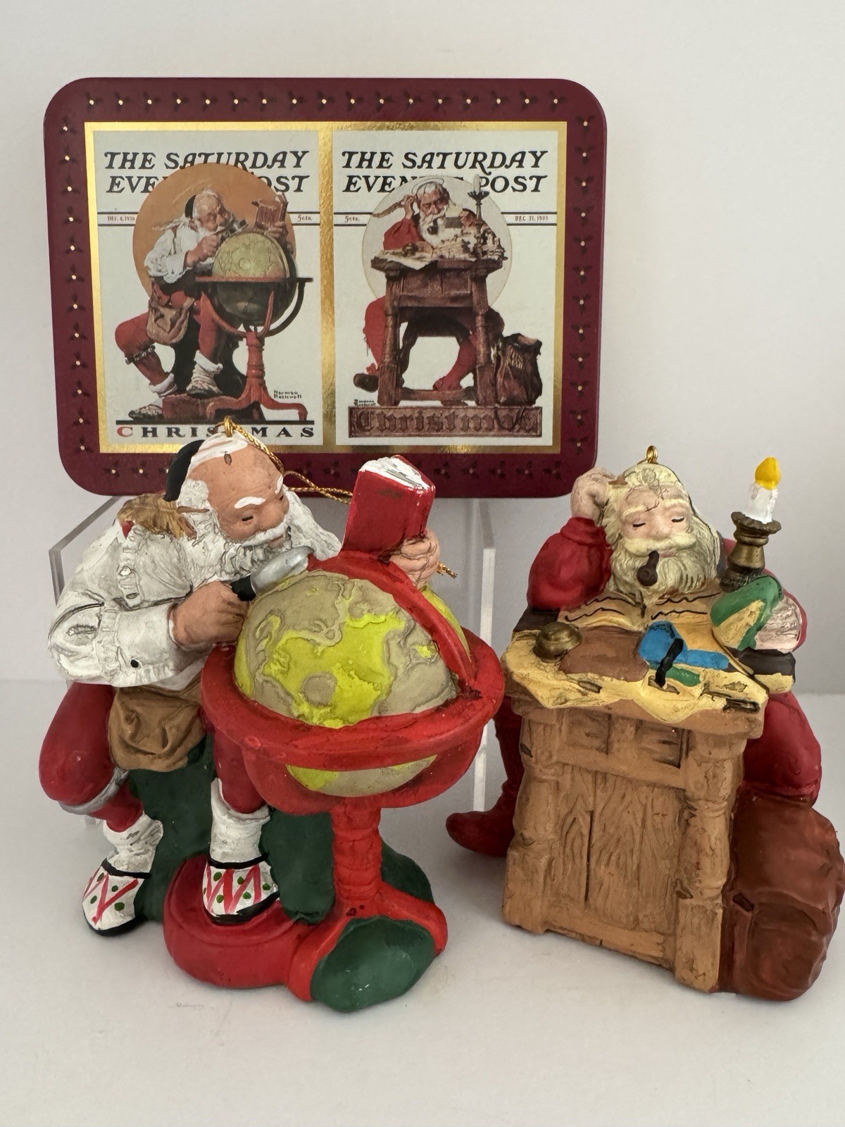 Vintage Norman Rockwell Molded Santa Ornaments & Playing Cards - 