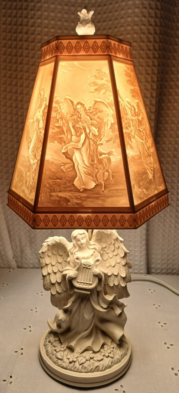 VTG LITHOPHANE CHRISTIANITY ANGEL LAMP 6 PANEL HEXAGON SHADE RESIN NIGHT LIGHT