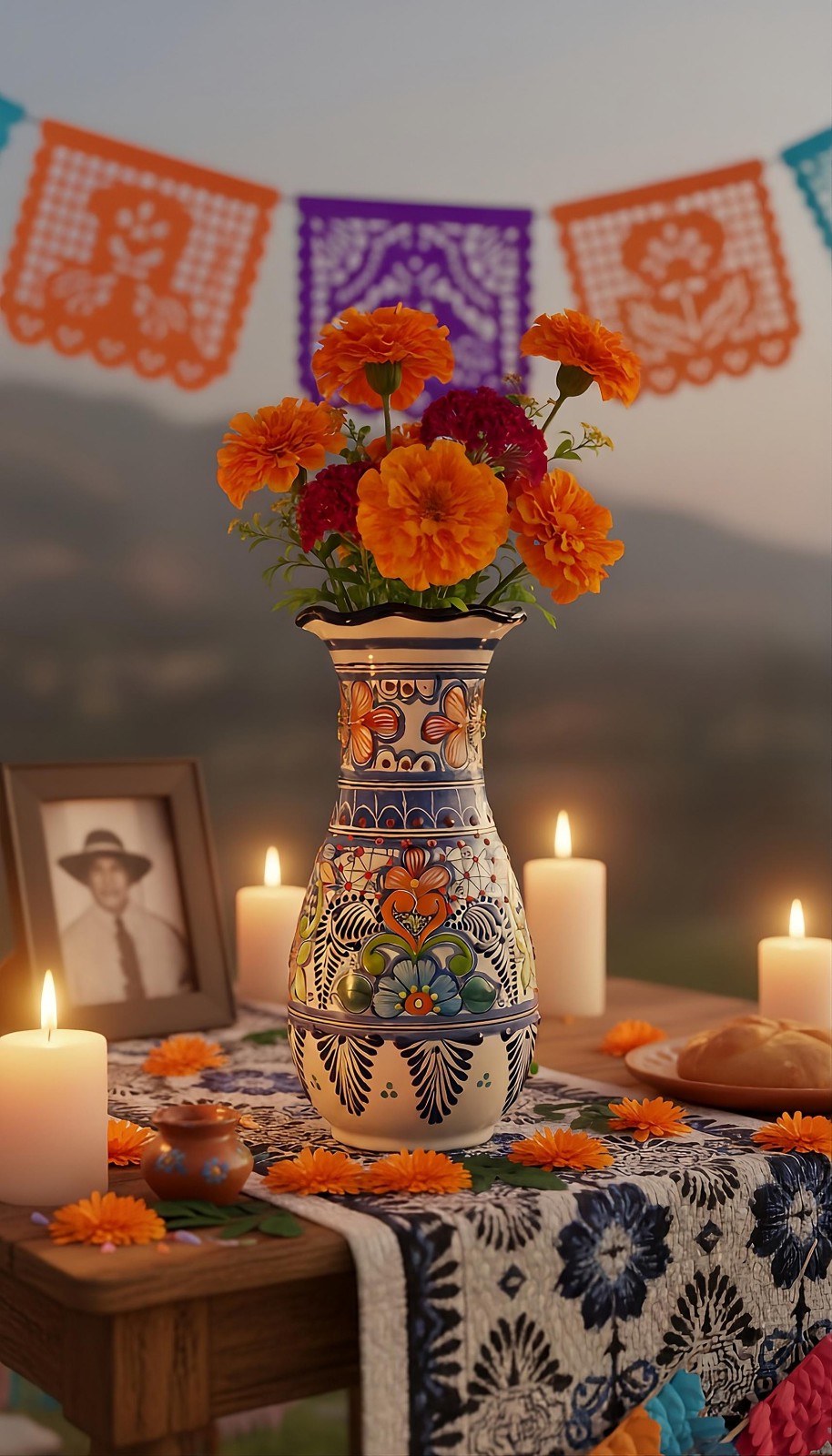 10 Inch Mexican Talavera Style Ceramic Flower Vase Blue White Hand Painted Decor