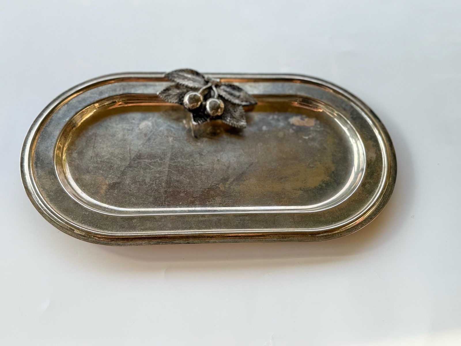 Vintage Oval Silver Plated Vanity Tray Cherries