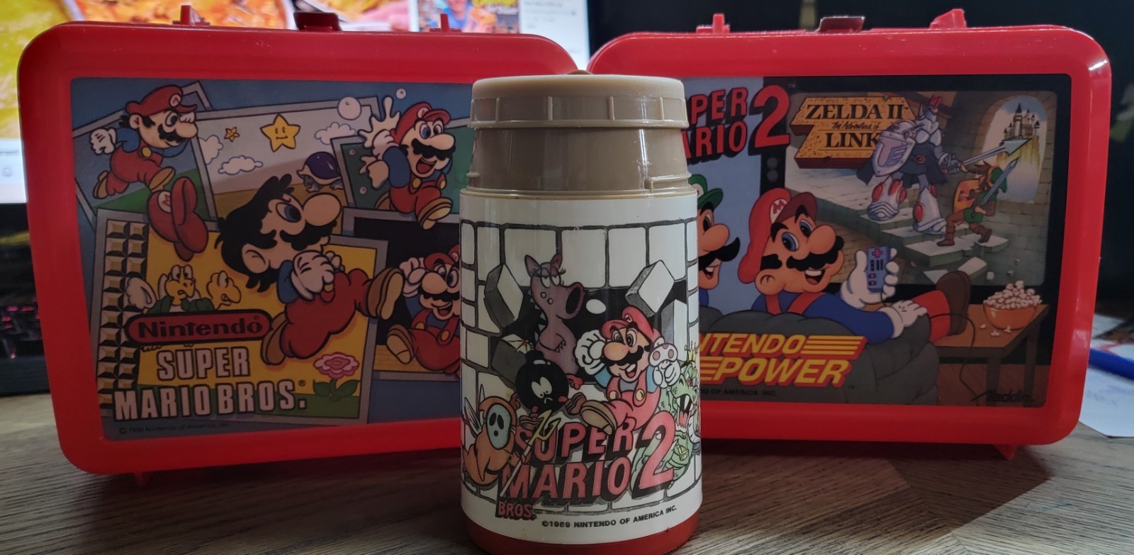 2 Vintage Nintendo Super Mario Bros. Lunch Boxes And Thermos Aladdin 1988 Set