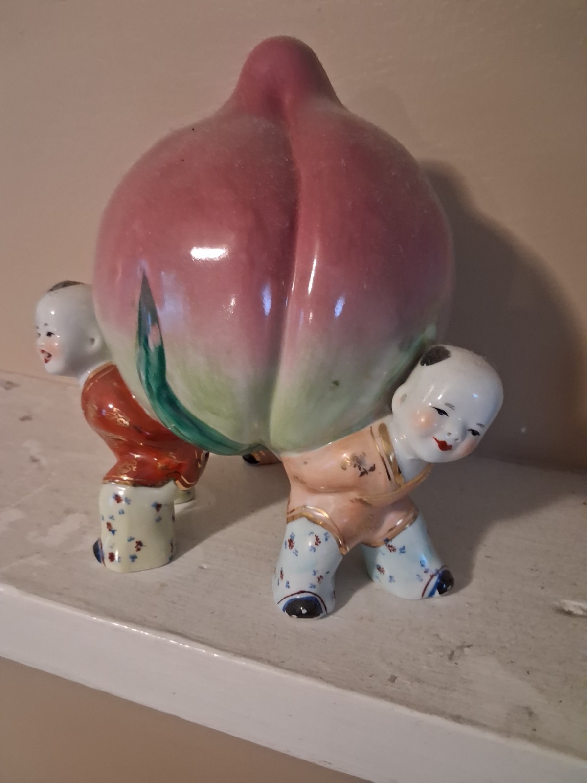 Chinese Porcelain Figurine Boys/Children Carrying Large Peach