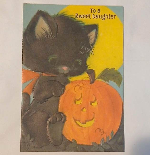Vintage 70s Halloween Greeting Card  Black Cat Kitten Pumpkin Daughter Hallmark