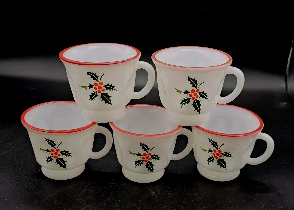 SCARSE 5pc Hazel Atlas Holly Berries Tom & Jerry Christmas Punch (Bowl) Mugs