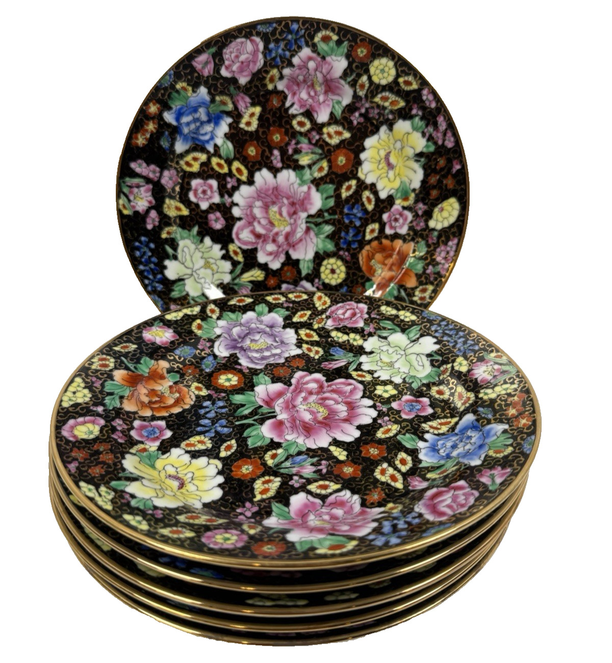 6 Vintage Chinese Famille Noire Mille Fleur 10” Dinner Plate Hand Painted