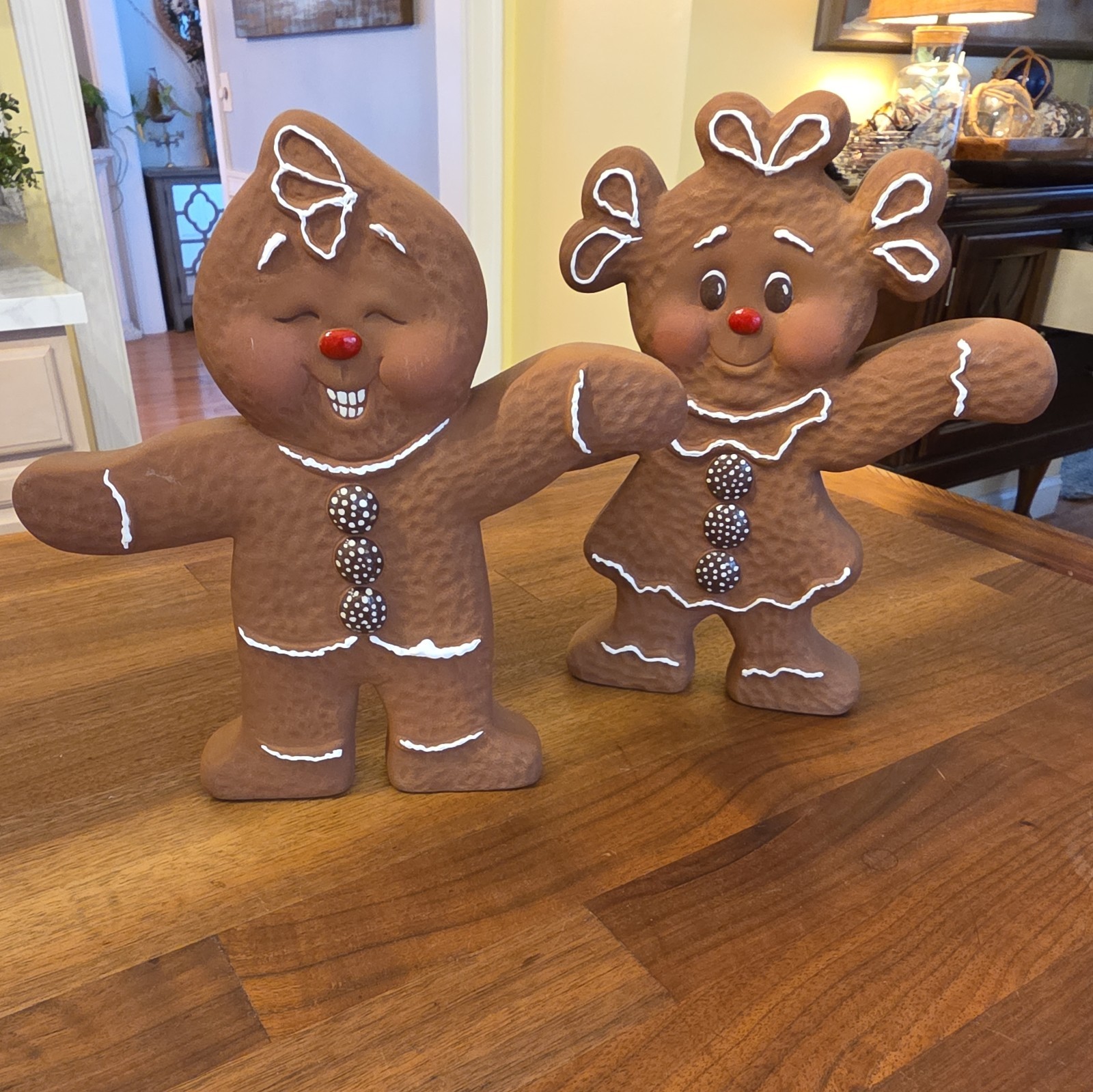 Vintage Hand crafted Ceramic Gingerbread Boy & Girl Set Of 2 Double Sided Faces