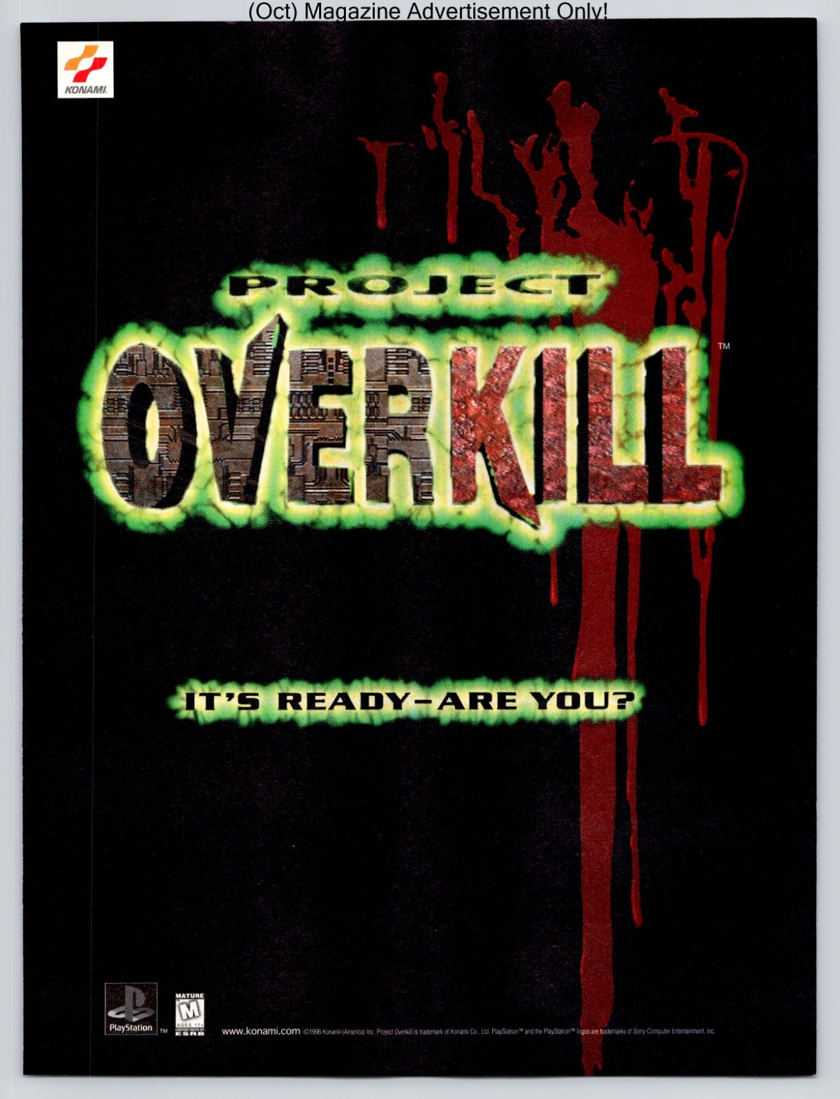 Project Overkill Konami PlayStation Dark Shooter Vintage 1996 Advertisement