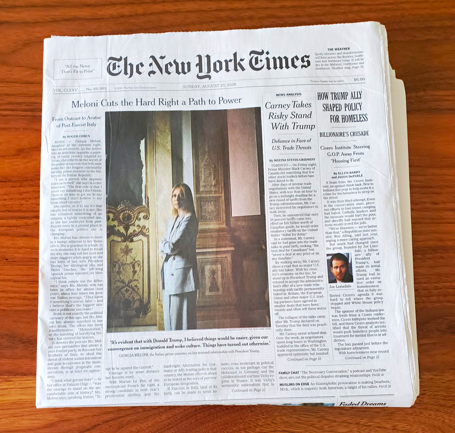 The New York Times Sunday August 23 2026 Giorgia Meloni INTERVIEW