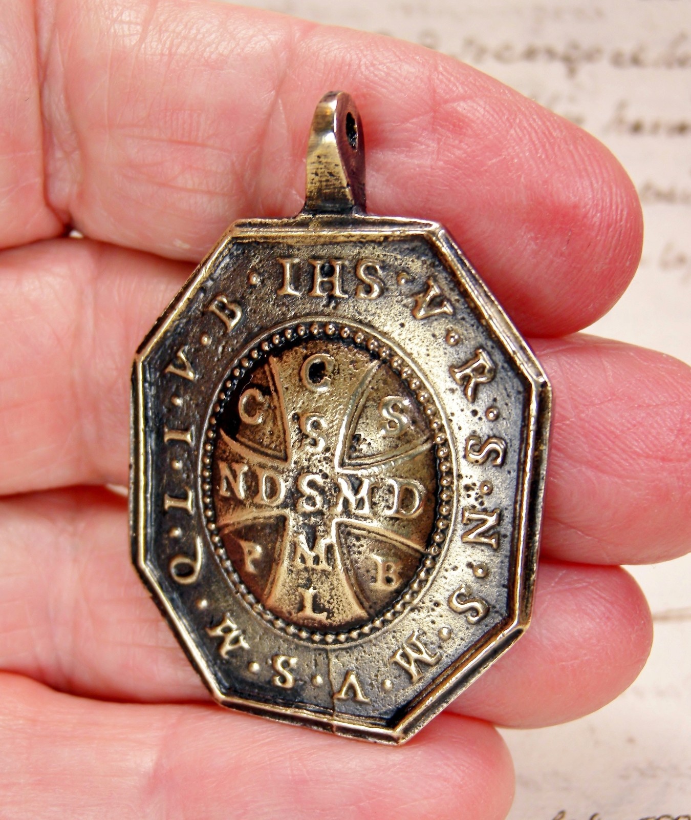 ANTIQUE 18TH CENTURY ST. BENEDICT SATAN DEVIL EVIL EXORCISM CROSS BRONZE MEDAL