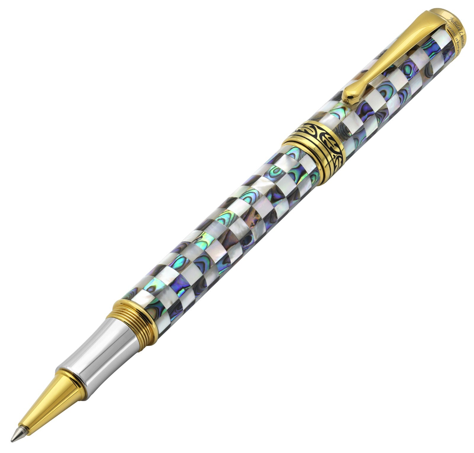 Xezo Maestro Jubilee Abalone/White MOP Rollerball Pen, Fine Tip. 18K Gold Plated