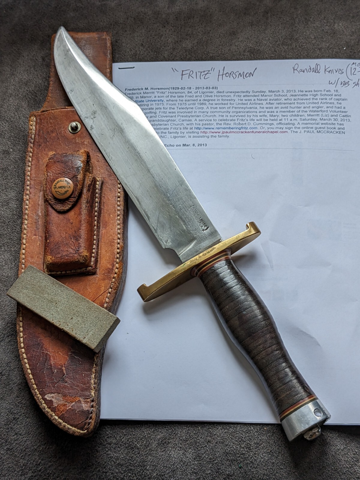 Vintage Fritz Horsmon's Korean War Randall Made Model 12-9 w/org Sheath & Stone