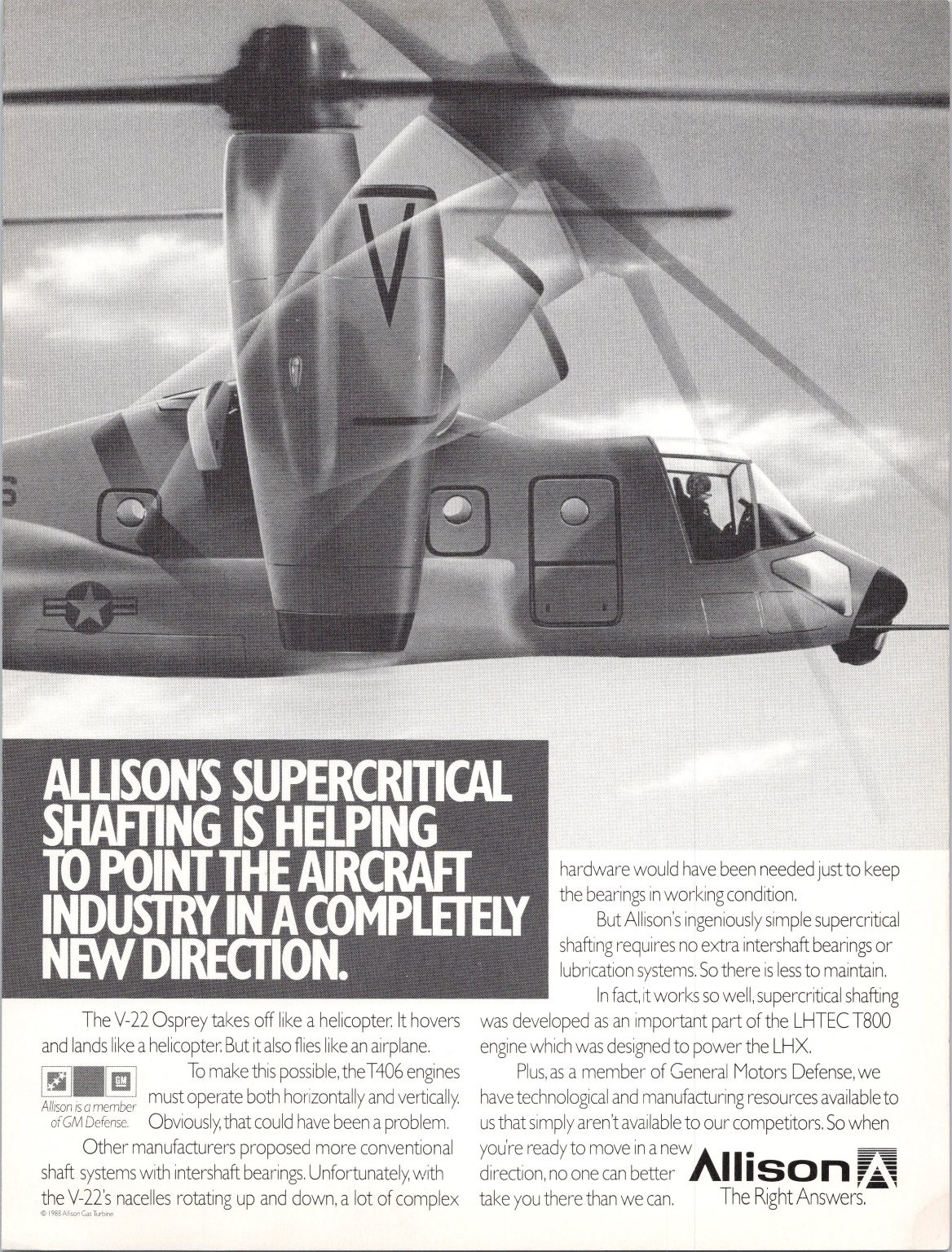 Allison V-22 Osprey Supercritical Shafting Vintage 1988 Magazine Ad Print