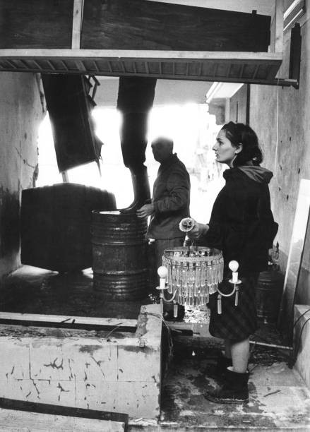 Men women trying retrieve goods a flooded shop Ponte Vecchio Flore- Old Photo