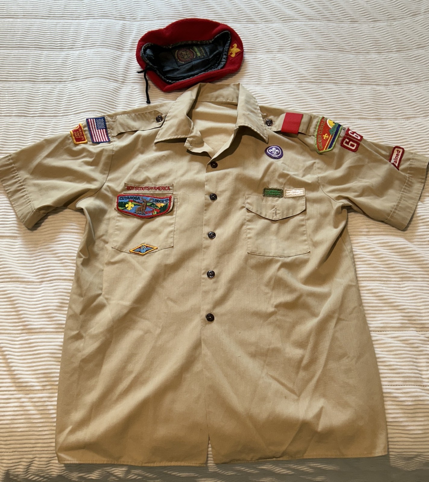Vintage 1980s BSA Leader Uniform Shirt & Red Wool Beret Medium Cleveland OH Set