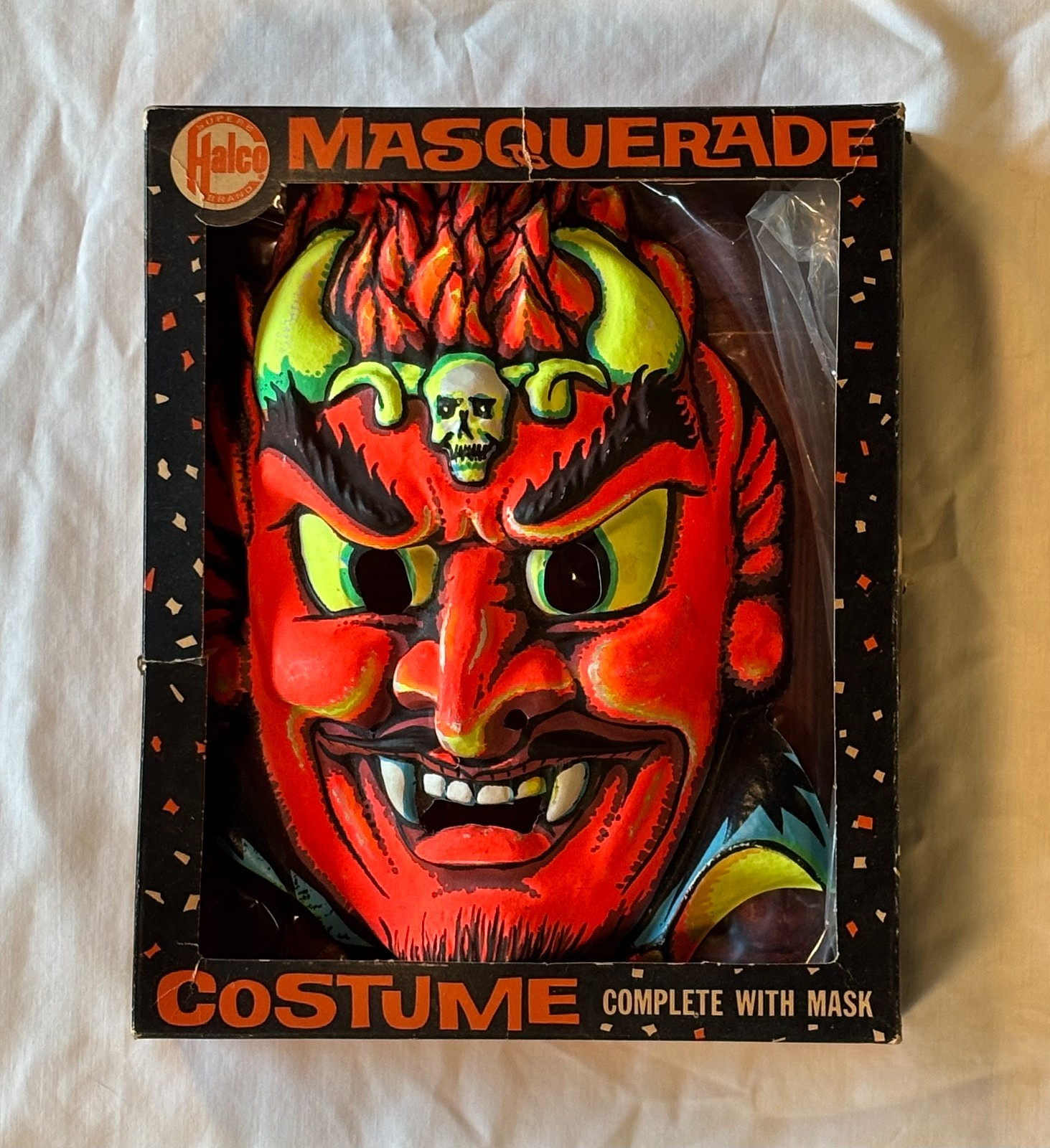 Vintage HALCO Devil w/ Skull on Forehead Mask 1960's Halloween Costume COMPLETE