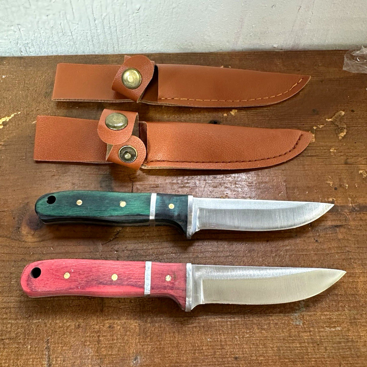 2pc Hunting Fixed Blade Knives Stainless Clip Point Wood Handles Sheaths