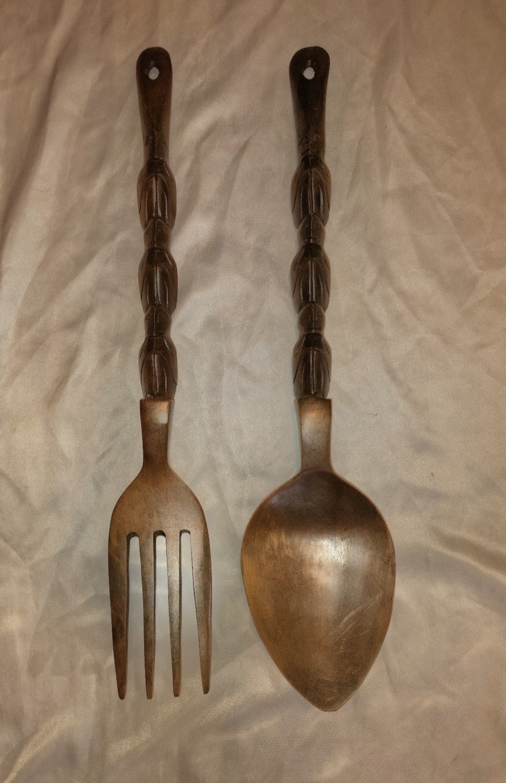 *VINTAGE* Wooden Carved GIANT Fork & Spoon wall hangings in Tiki style