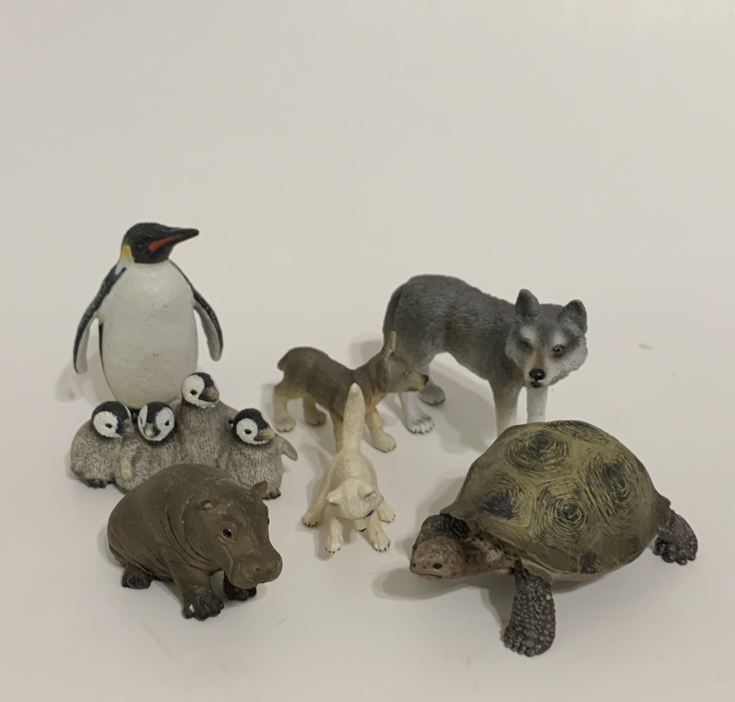 Lot of 7 Schleich Zoo Safari Animal Toy Figures Tortoise Wolves Penguins Hippo