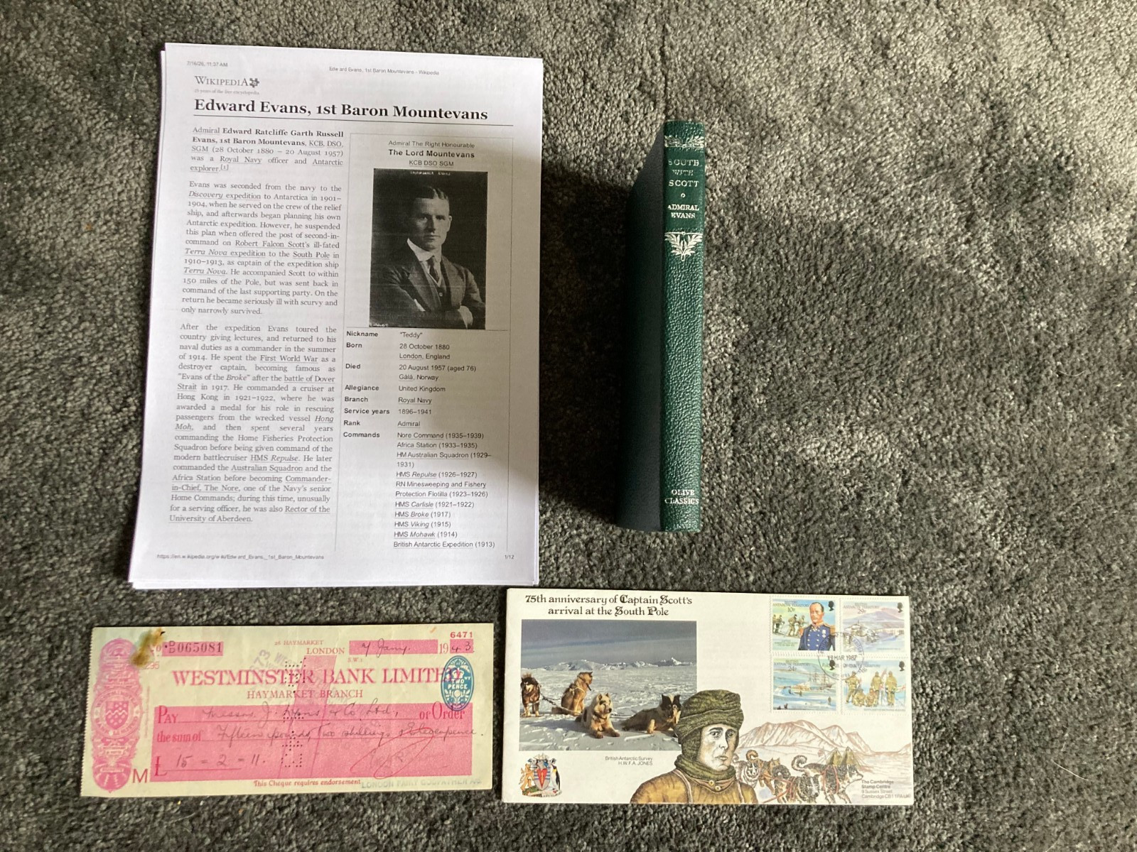 Admiral Edward Evans Signed collection Antarctic explorer Scott Terra Nova