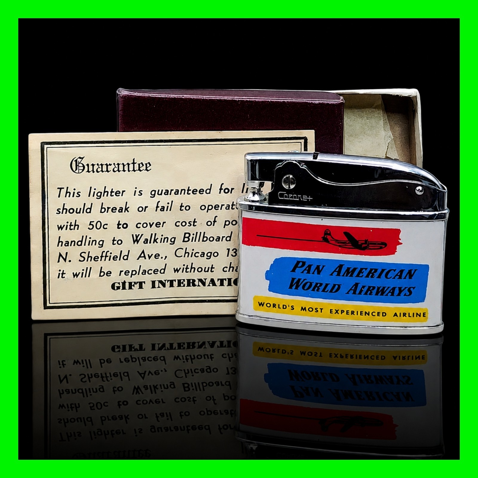 Vintage Pan American World Airways Flying Clipper Flat Ad Petrol Lighter w/ Box