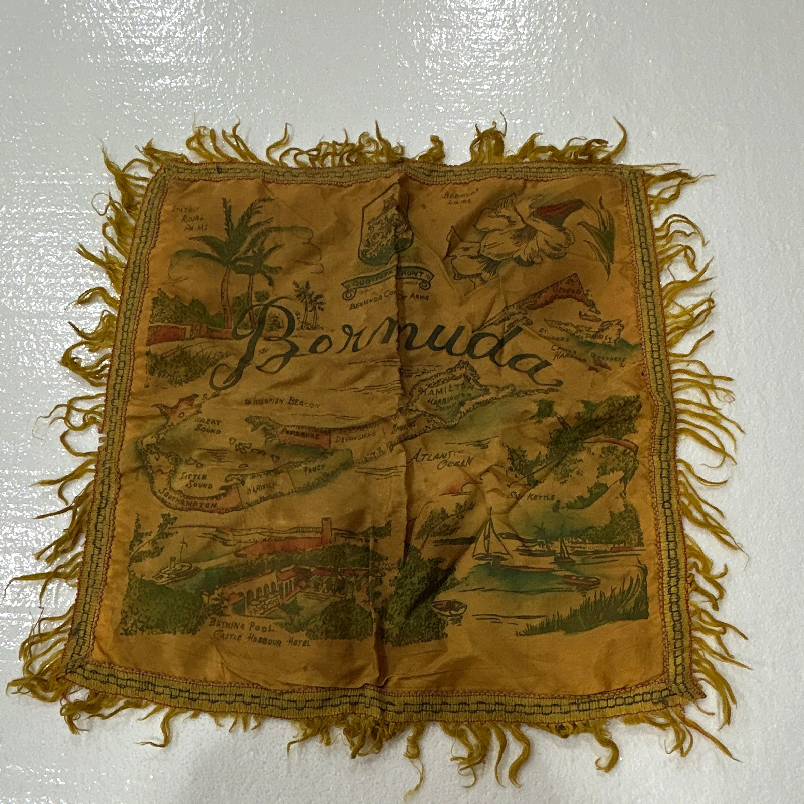 Vintage WWII Bermuda 1940s Souvenir Silk Fringed Pillow Cover, RareMilitary Map 