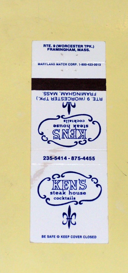 Vintage Ken's Steak House & Cocktails Restaurant Matchbook Cover Framingham MA