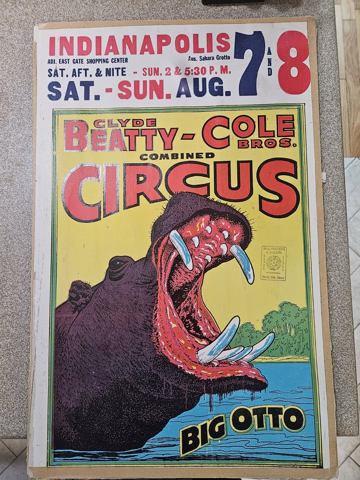 1960s Clyde Beatty Cole Brothers Circus Poster 14x22 Big Otto Hippopotamus Rare