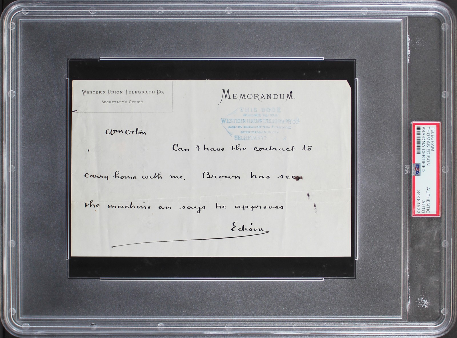 Thomas Edison Authentic Signed 5x8 1877 Handwritten Telegram PSA/DNA Slabbed