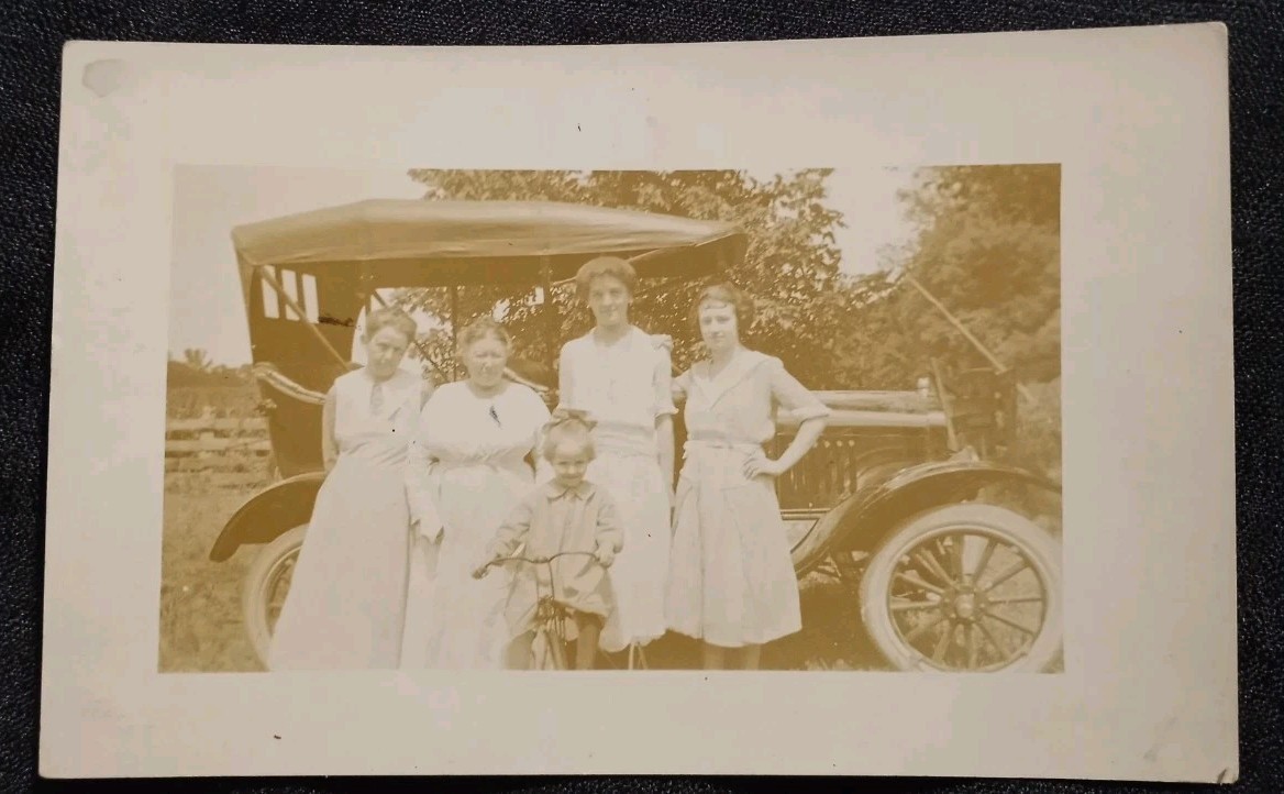 RPPC 1920s Family Posing With Antique Automobile Postcard Photo AZO Stamp Box 