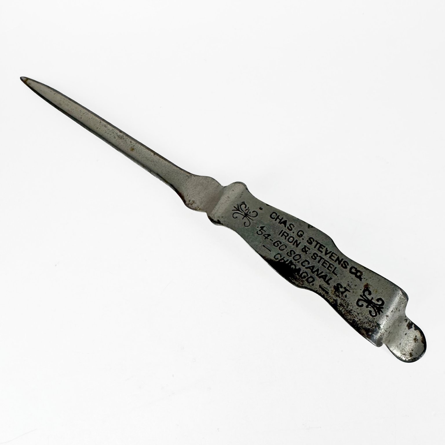 Vintage Chas. G. Stevens Co. Chicago Advertising Letter Opener Iron & Steel Tool