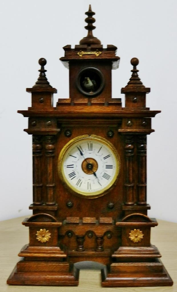 Antique German Black Forest Carved Oak Gothic Castle Design Mantel Cuckoo Clock