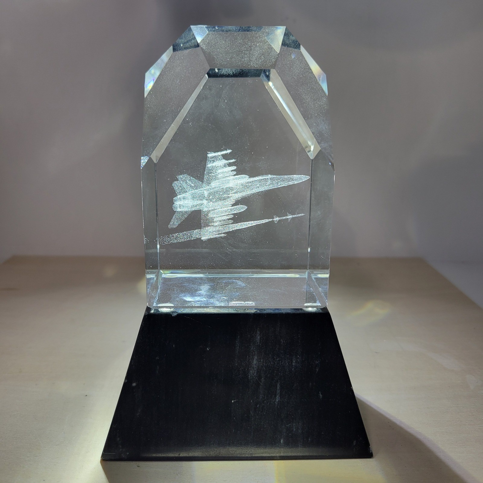 Crystal Laser Etched F/A-18 Hornet Fighter Jet Sculpture with Black Base